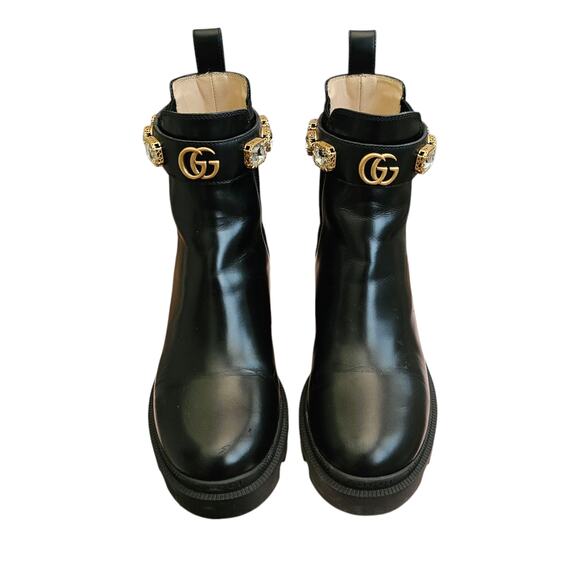 Gucci GG Trip Jewel Chunky Heel Chelsea Boot Size 36.5 US 6.5 Black Leather Gold - Picture 3 of 10